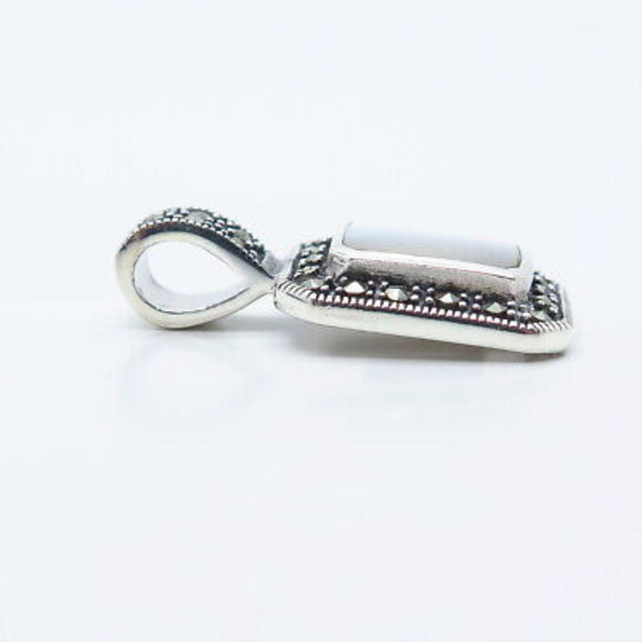 925 Sterling Silver Vintage Real Mother-of-Pearl & Marcasite Gemstone Pendant - Picture 5 of 6